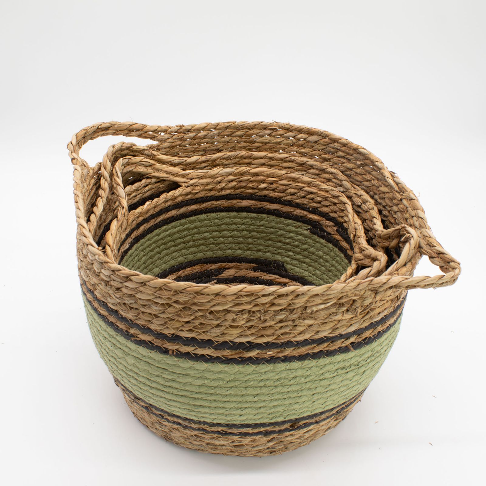 Cestas grandes de algodón y pasto marino - natural, negro y verde - juego de 3 - Imagen 2