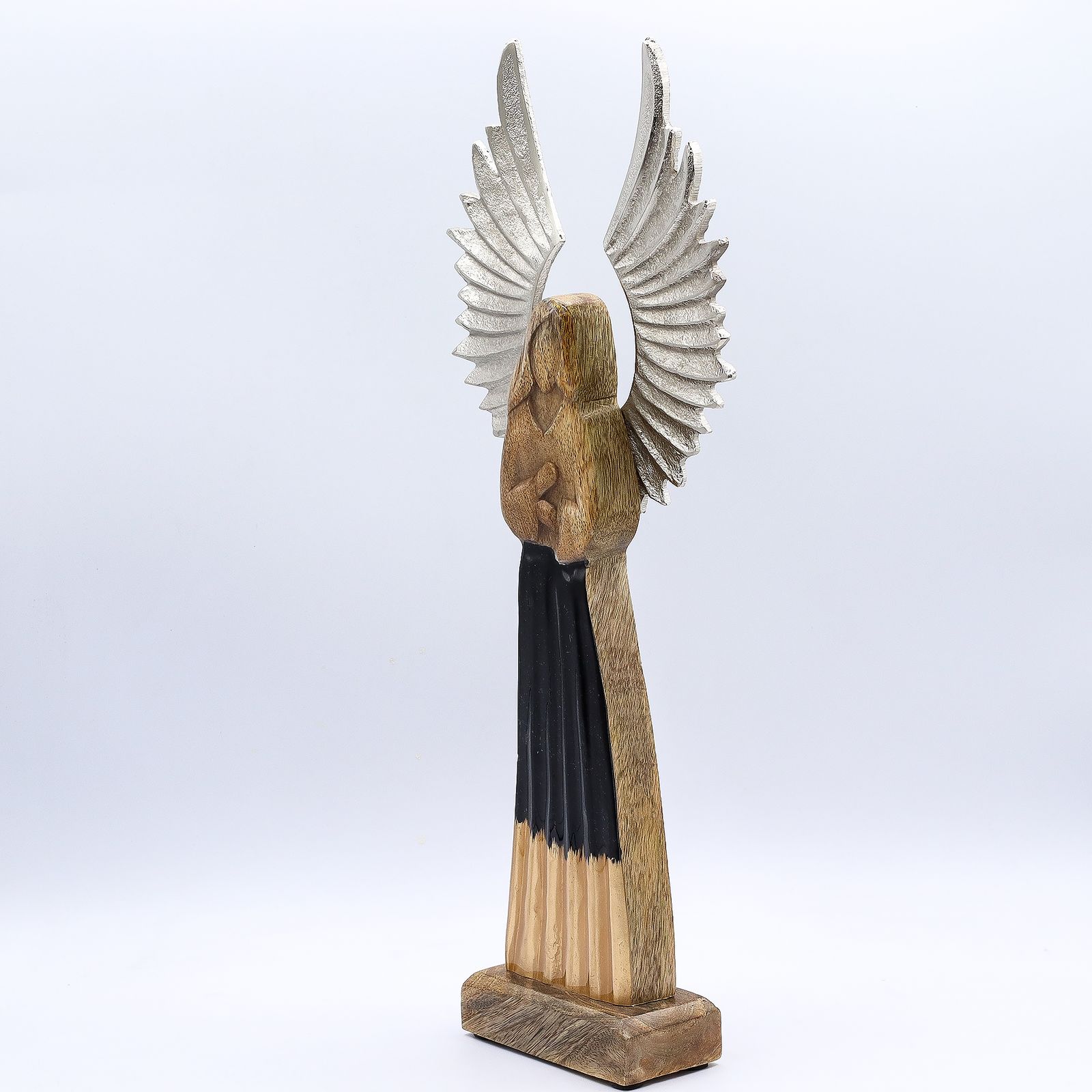 Ángel guardián de madera de mango grande, alas de metal y detalle esmaltado - Imagen 3