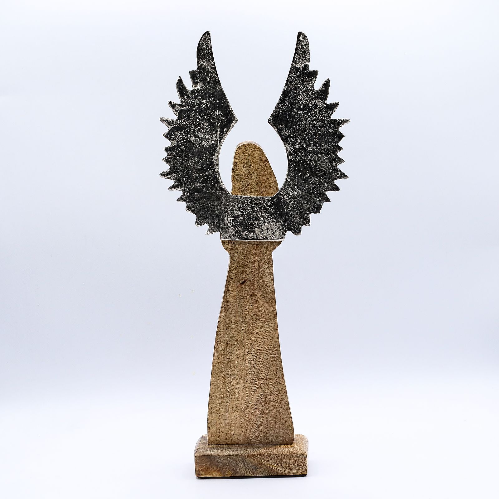 Ángel guardián de madera de mango grande, alas de metal y detalle esmaltado - Imagen 4